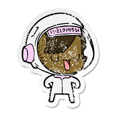 distressed sticker of a cartoon astronaut woman