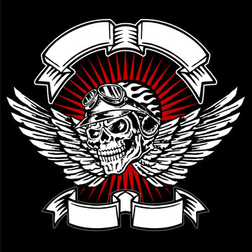 Skull biker helmet emblem, flames, wings and banners, motorcycle vintage graphic design, logo on a black background