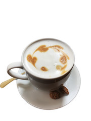 Background of cup of coffee cappuccino with milk isolated on white. 