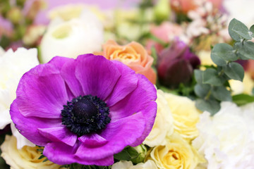 Bouquet of spring flowers close-up, colorful floral composition. Background for celebration, wedding, March 8, mother's day, romantic date