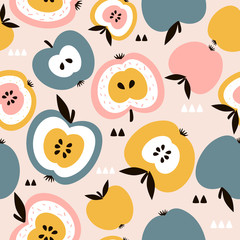 Apples background. Hand drawn overlapping backdrop. Colorful wallpaper vector. Seamless pattern with fruits collection. Decorative illustration, good for printing. Design poster - 253081347