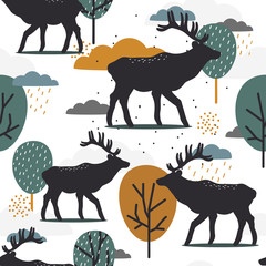 Seamless pattern, deers, trees, clouds, hand drawn overlapping backdrop. Colorful background vector. Illustration with animals. Decorative wallpaper, good for printing
