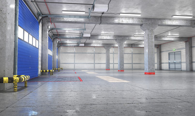 Obraz premium Hangar interior with gates. 3d illustration