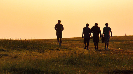 Silhoutte of a team of people friends walking or jogging into the sunset or sunrise near the horizon on a grassland