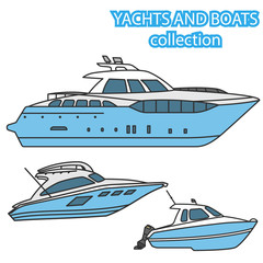 Set of yachts and motor boats. Vector colored illustration