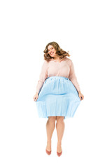 happy smiling elegant overweight woman jumping isolated on white