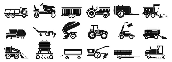 Farm agricultural machines icons set. Simple set of farm agricultural machines vector icons for web design on white background © anatolir