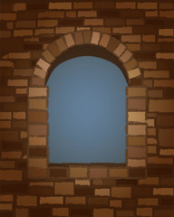 Arched stone window in romanesque style  background. vector illustration