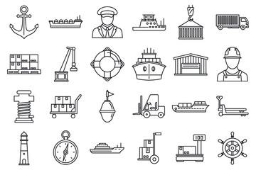 Marine port transport icons set. Outline set of marine port transport vector icons for web design isolated on white background