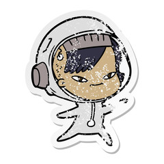 distressed sticker of a cartoon astronaut woman