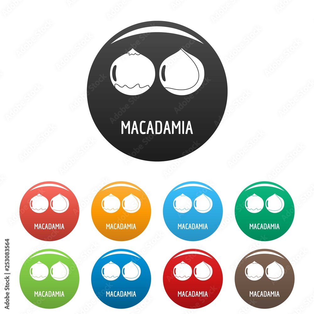 Sticker Macadamia icons set 9 color vector isolated on white for any design