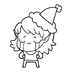 Fototapeta premium line drawing of a crying elf girl wearing santa hat