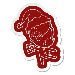 cute cartoon  sticker of a girl with hipster haircut wearing santa hat
