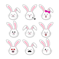 Collection of funny bunnies. Set of cute rabbits. Bundle of heads of cartoon animals. Vector illustration isolated on white background.