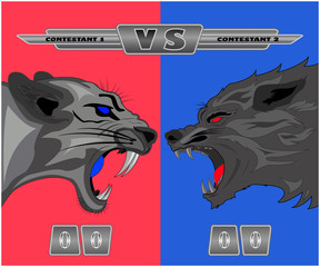 versus screen is a vector with the image of a tigress and a wolf, in a furious confrontation