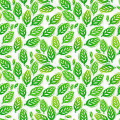 Fresh green linocut leaves spring season seamless pattern, vector