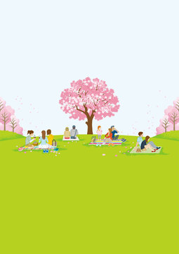 People picnic in spring nature - Vertical layout