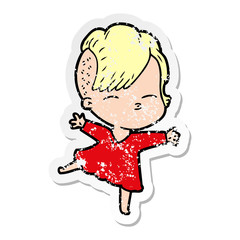 distressed sticker of a cartoon squinting girl