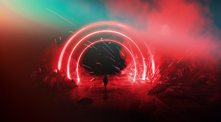 Space futuristic landscape. Fiery meteorites, sparks, smoke, light arches. Dark background with...