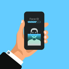 Hand holds phone with face id icons on screen. Face scanning process icons. Facial recognition system signs. Facial detection and access security symbols. Vector illustration 