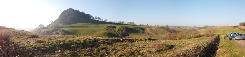 One hundred and eighty degree panorama of the countryside around Loudoun Hill in East Ayrshire, Scotland. 
