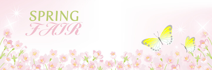 Blooming Cherry blossoms background with Two Butterflies, including words “Spring Fair" - Header ratio