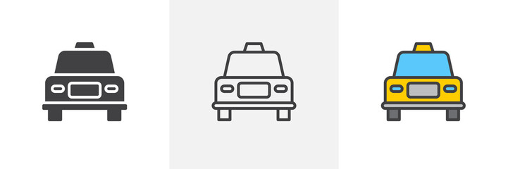 Taxi car icon. Line, glyph and filled outline colorful version, taxi front view outline and filled vector sign. City service transport symbol, logo illustration. Different style icons set.