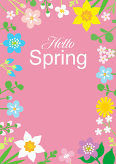 Round frame of Colorful Wildflowers, including words “Hello Spring” - Vertical layout, Pink color background