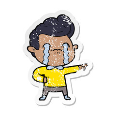 distressed sticker of a cartoon man crying