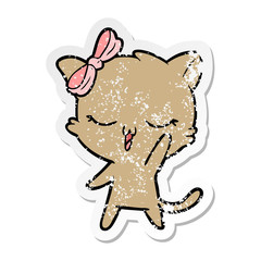 Obraz na płótnie Canvas distressed sticker of a cartoon cat with bow on head waving