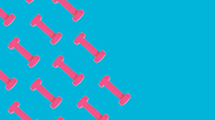 Pink dumbbell pattern on blue background with copy space. Creative layout for sport fitness equipment concept. Minimal style, flat lay, top view. Copy space