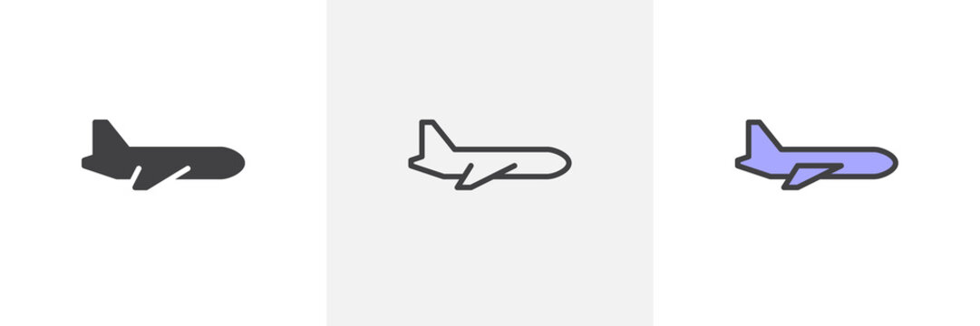 Airplane Side View Icon. Line, Glyph And Filled Outline Colorful Version, Plane Fly Outline And Filled Vector Sign. Symbol, Logo Illustration. Different Style Icons Set. Pixel Perfect Vector Graphics