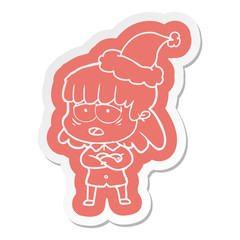 cartoon  sticker of a tired woman wearing santa hat