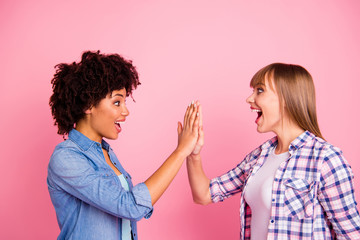 Close up side profile photo two diversity she her ladies different race skin clap arms team spirit won game match play wear casual jeans denim checkered shirt clothes outfit isolated pink background