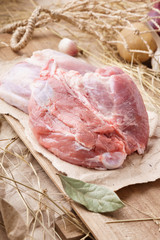 Raw pork meat - hock, leg or knuckle. Fresh meat and ingredients
