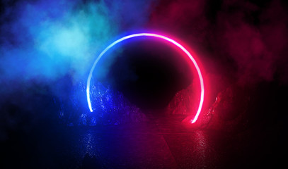 Space futuristic landscape. Fiery meteorites, sparks, smoke, light arches. Dark background with light element in the center. Silhouette of a man, a reflection of neon lights.  3d rendering.