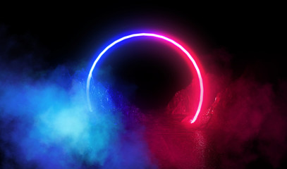 Space futuristic landscape. Fiery meteorites, sparks, smoke, light arches. Dark background with...