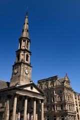 Clock tower of St Andrew's and St George's Church of Scotland heritage building on George Street Edinburgh Scotland UK
