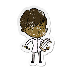 distressed sticker of a cartoon woman thinking