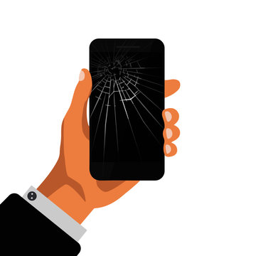 Hand Holding Phone With Broken Black Screen. Broken Mobile Phone Isolated On White Backround. Repair Mobile Phone Icon. Vector Illustration 