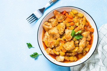Chicken stew with vegetables, top view.