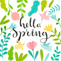 Hello Spring card with flowers, bird and hand drawn lettering 