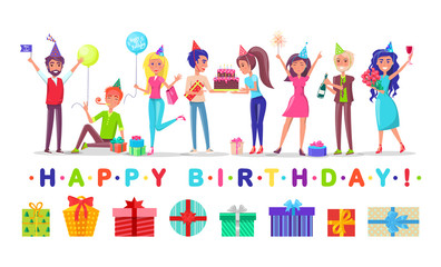 Fototapeta premium Happy birthday, men and women in festive hats vector. Gift boxes or presents, balloons and chocolate cake, champagne and bouquet, sparkler and pack
