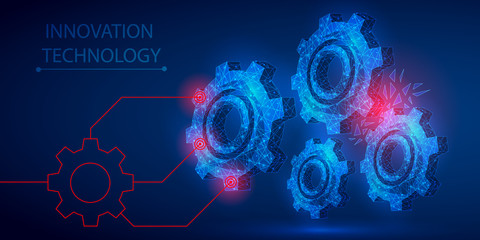 Gear polygonal mechanism abstract background. The isolated concept of innovative technology, industrial technologies, business consists of low poly wireframe, geometry, lines, dots, polygons, shapes
