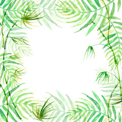 Watercolor frame tropical leaves and branches isolated. Palm leaf background, postcard. Green tropical palm leaf, bamboo. Illustration for design wedding invitations, greeting cards, postcards 