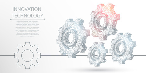 Gear polygonal mechanism abstract background. The isolated concept of innovative technology, industrial technologies, business consists of low poly wireframe, geometry, lines, dots, polygons, shapes