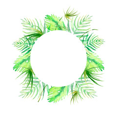 Watercolor frame tropical leaves and branches isolated. Palm leaf, postcard. Green tropical palm leaf, fern, bamboo. Illustration for design wedding invitations, greeting cards. Round logo, label.