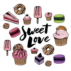 Vector set confectionery and sweets icons. Dessert, lollipop, ice cream with candies, macaron and pudding. Donut and cotton candy, muffin, waffles, biscuits