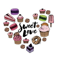 Vector set confectionery and sweets icons. Dessert, lollipop, ice cream with candies, macaron and pudding. Donut and cotton candy, muffin, waffles, biscuits