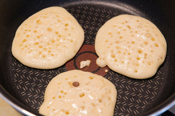 Small pancakes on Teflon basin.